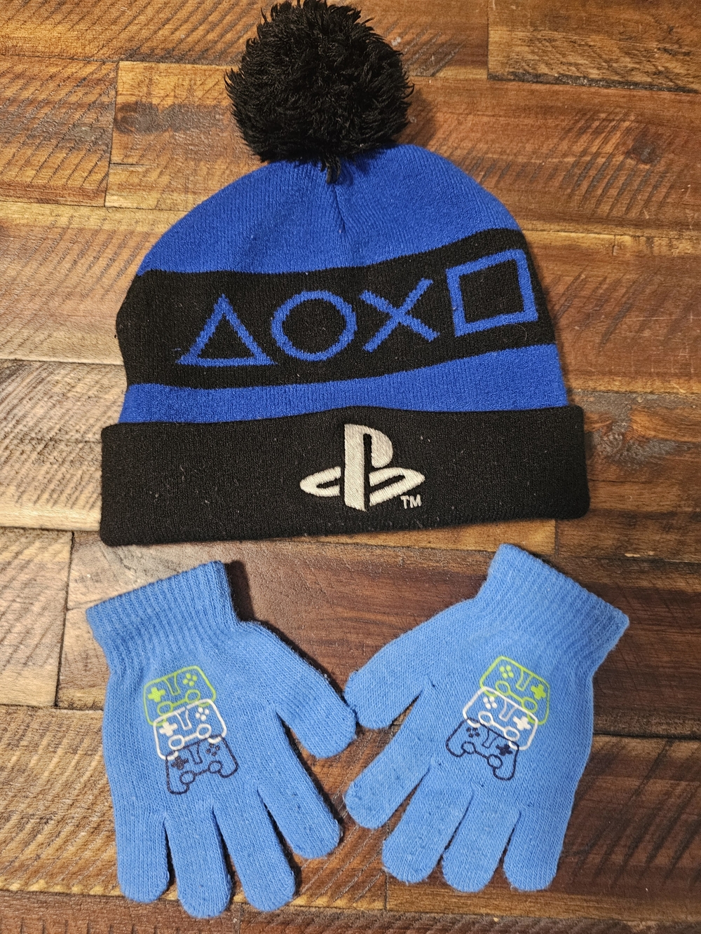 PlayStation Blue & Black Pom Beanie with Gaming Theme Gloves